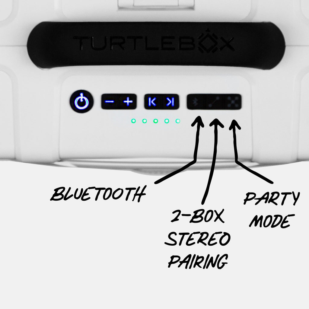 Turtlebox Grande speaker in white panel view highlighting the bluetooth connectivity, the 2 box stereo pairing and the Party Mode for multiple speakers #speaker-color_white #base-color_guy-harvey-artist-series
