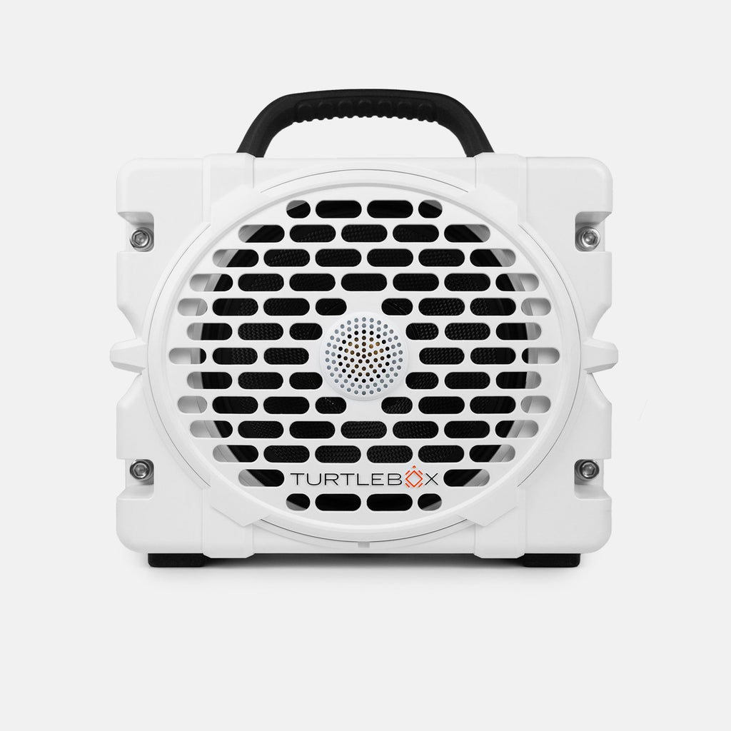 Turtlebox Grande speaker in white saying Engineered for the Outdoors #speaker-color_white #base-color_guy-harvey-artist-series