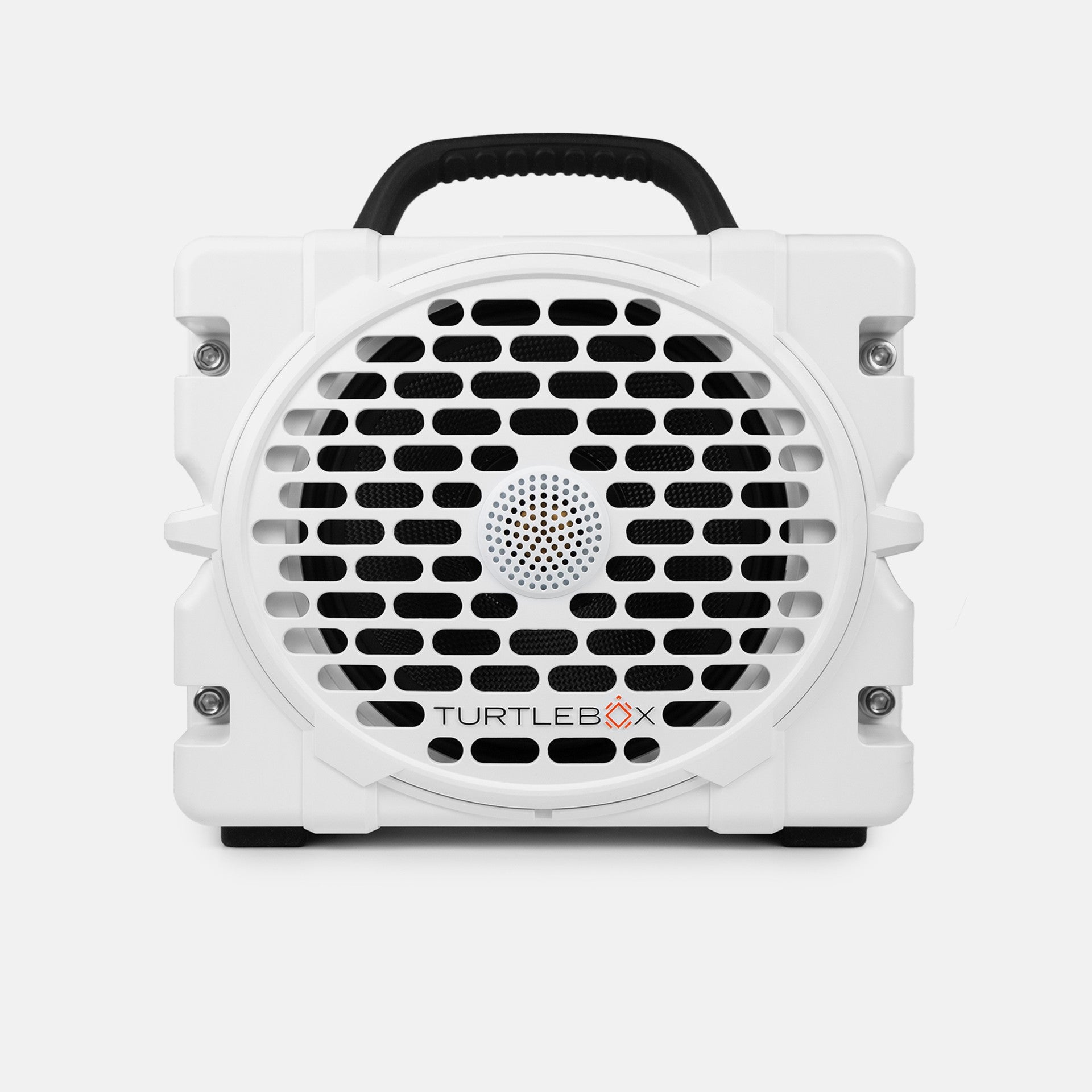 Turtlebox Grande speaker in white saying Engineered for the Outdoors #speaker-color_white #base-color_guy-harvey-artist-series