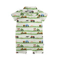 Children's romper with farm-themed design featuring tractors and animals on a white background