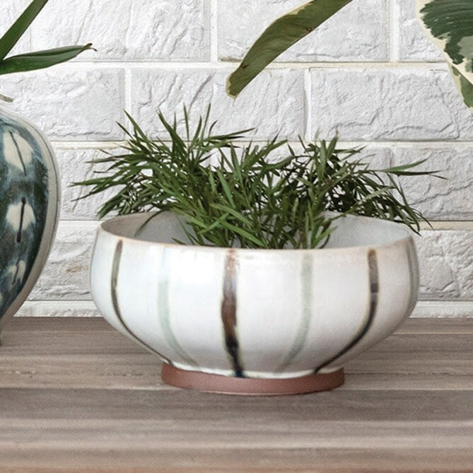Hand-Painted Stoneware Bowl w/ Stripes