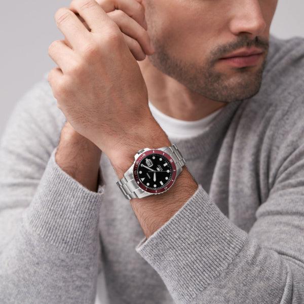 FOSSIL Men's Crimson Bezel Silver-Tone Stainless Steel Bracelet Watch, 42mm