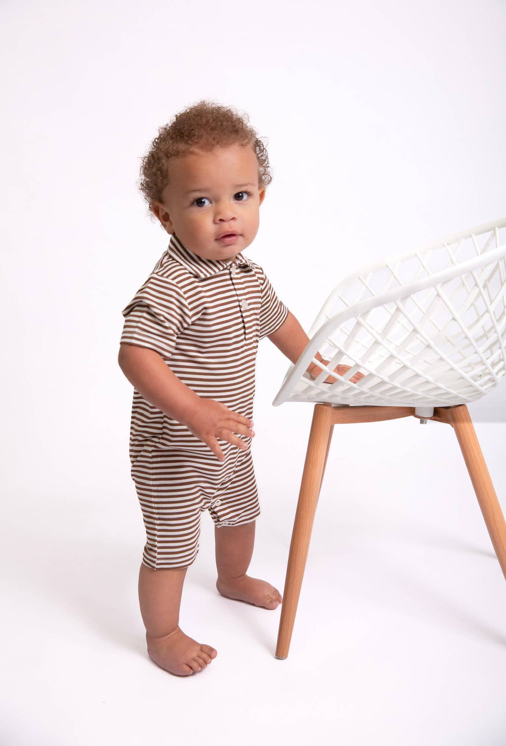Short Sleeve Polo Romper, Chocolate Stripes