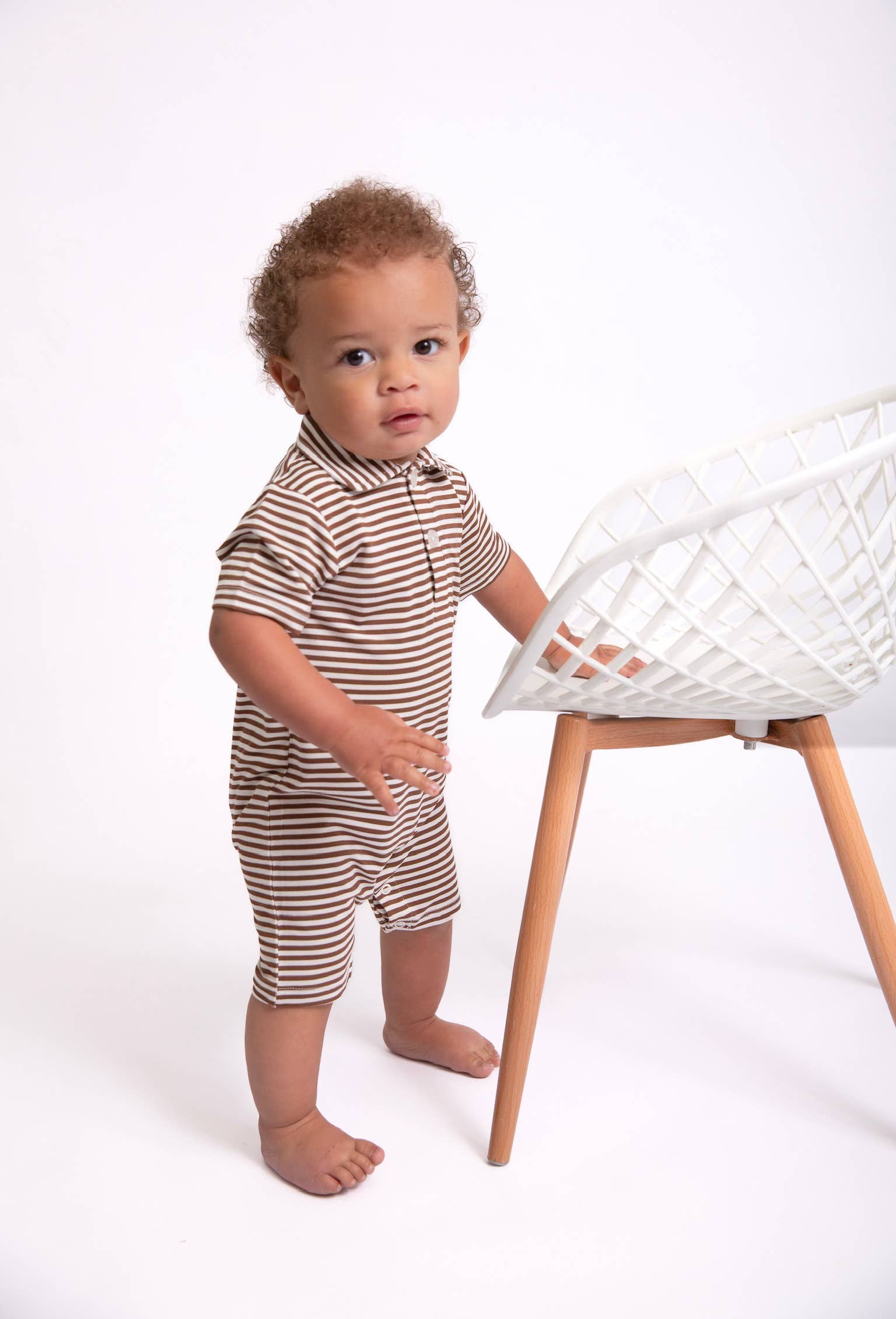 Short Sleeve Polo Romper, Chocolate Stripes