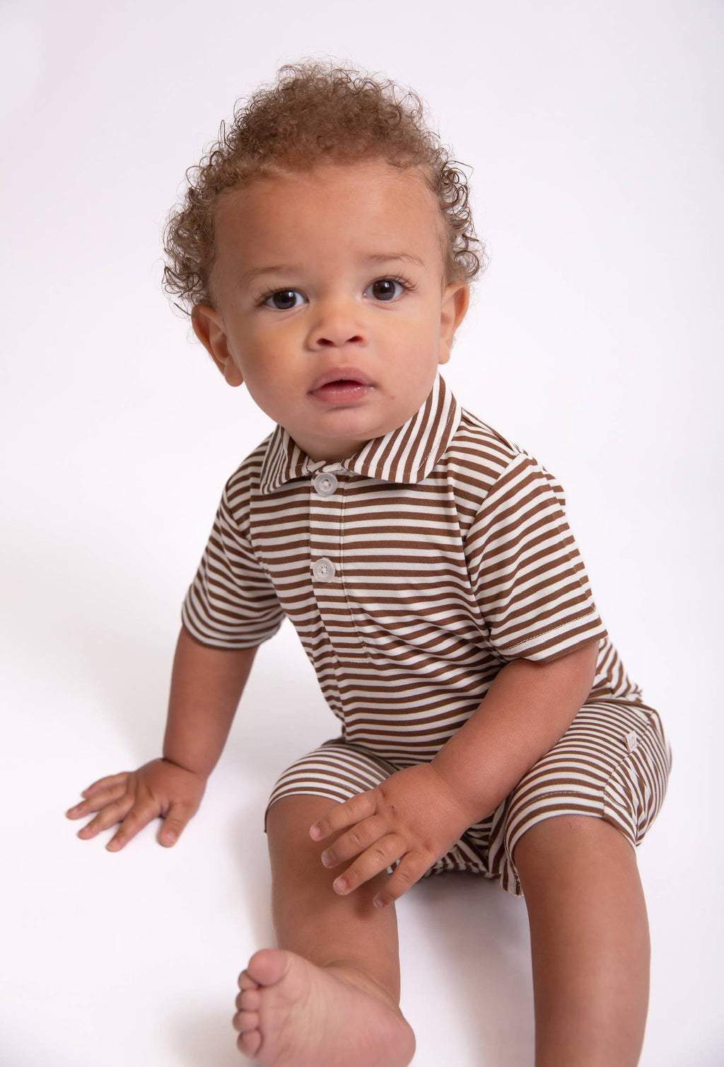 Short Sleeve Polo Romper, Chocolate Stripes