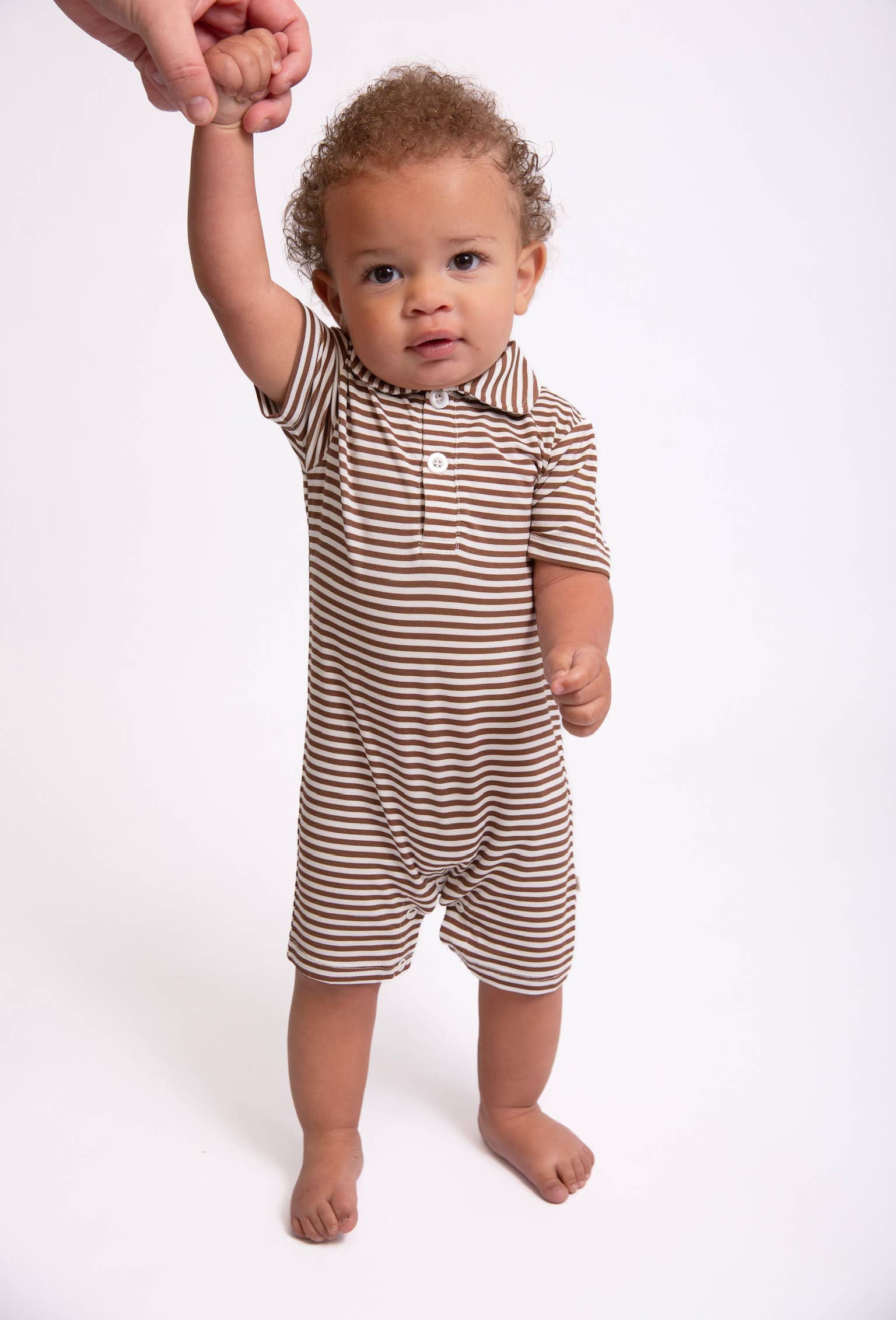 Short Sleeve Polo Romper, Chocolate Stripes