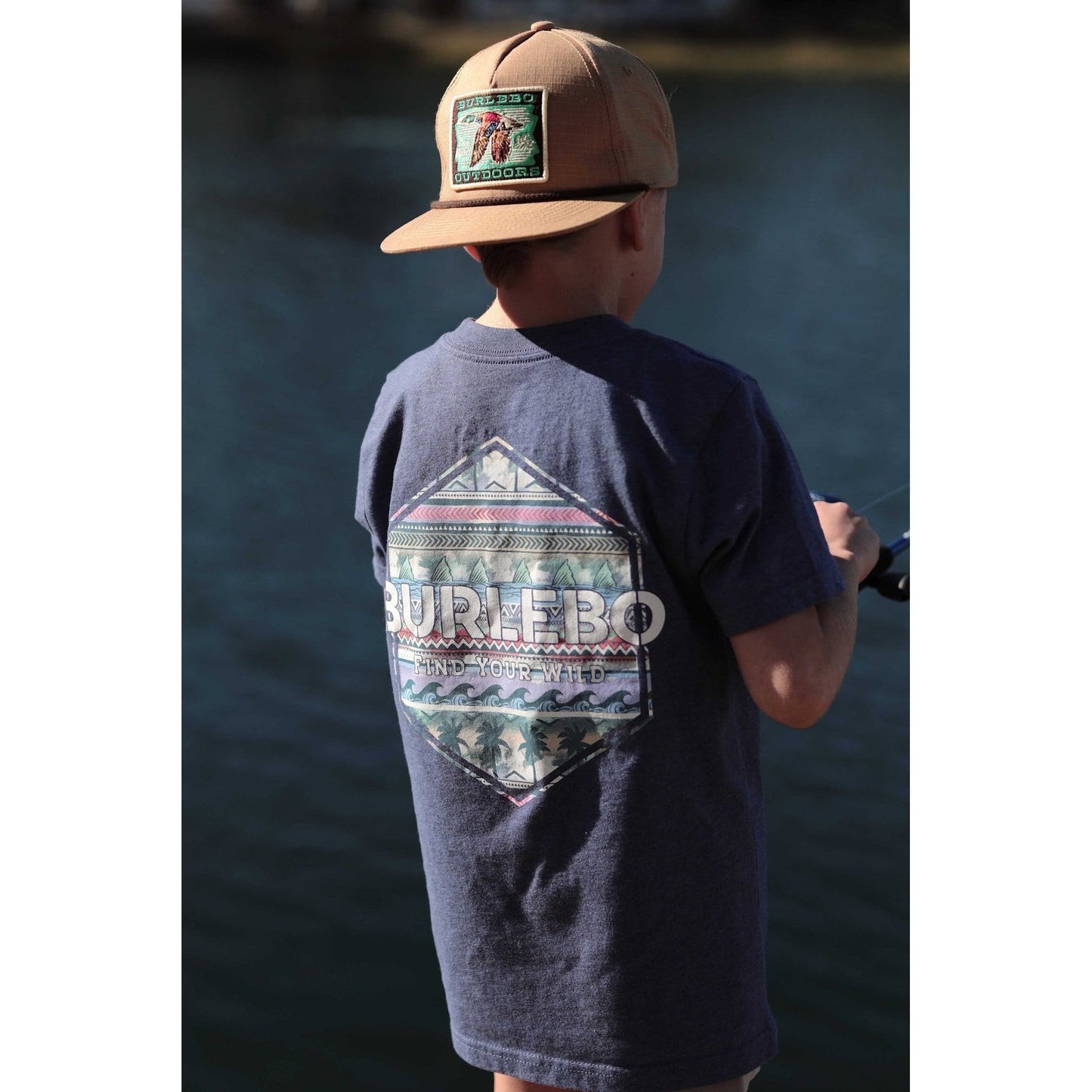 Burlebo Youth Short Sleeve Tee Palms & Fins | Heather Navy