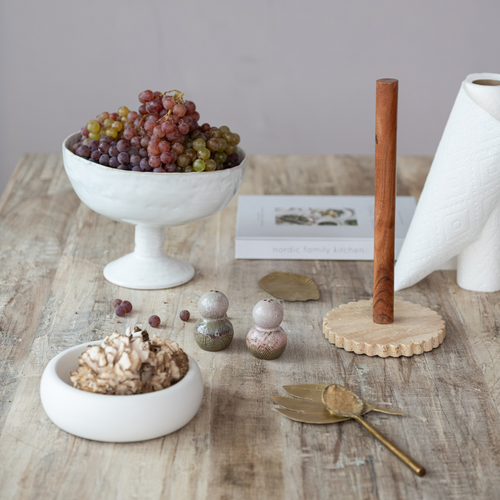 Acacia Wood Paper Towel Holder with Scalloped Travertine Base, KD