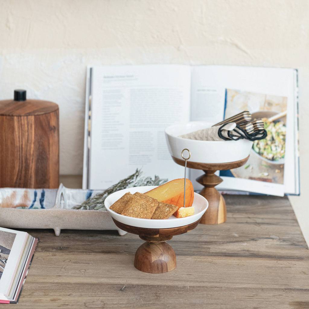Stoneware Serving Dishes w/ Acacia Wood Pedestals, Set of 4