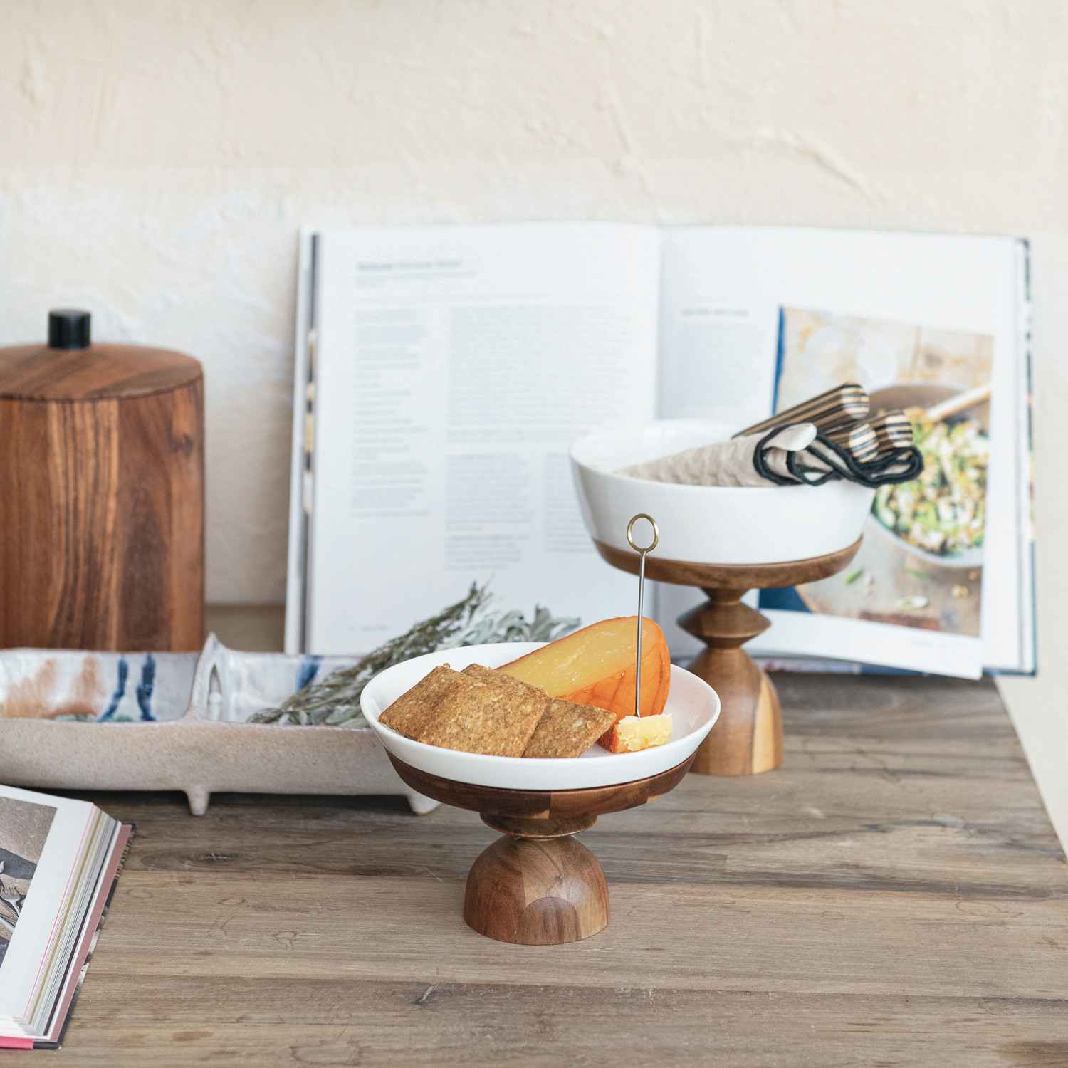 Stoneware Serving Dishes w/ Acacia Wood Pedestals, Set of 4