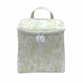 A green floral patterned insulated lunch bag with a zipper and top handle loop.