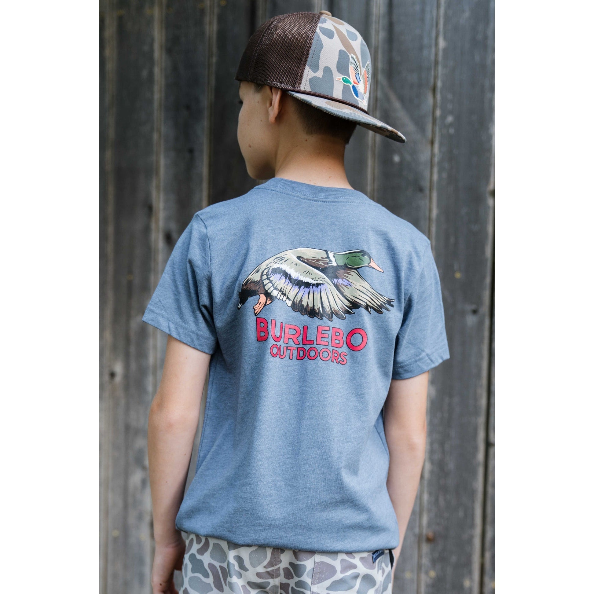 Burlebo Youth Short Sleeve Tee Flying Mallard | Heather Blue Jean