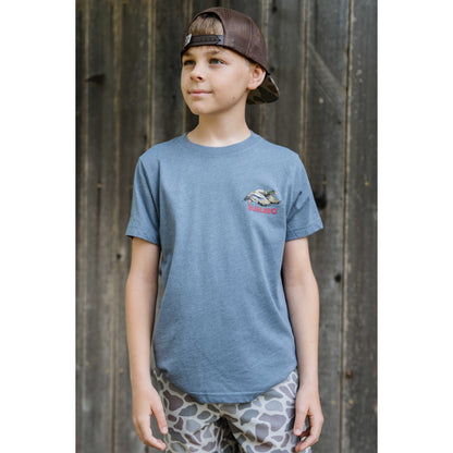 Burlebo Youth Short Sleeve Tee Flying Mallard | Heather Blue Jean