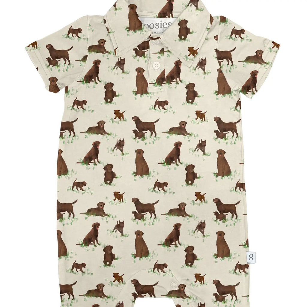 Short Sleeve Polo Romper, Chocolate Labs