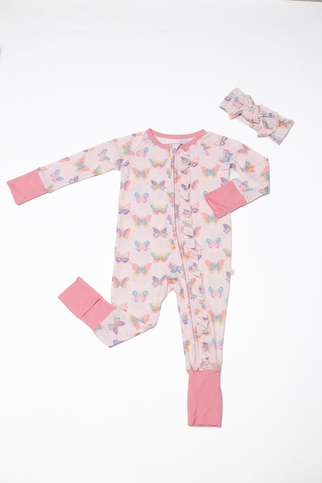 Convertible Zip Pajamas with Ruffles, Butterfly Bliss