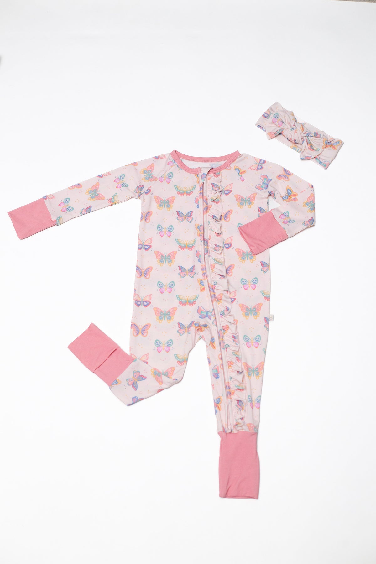 Convertible Zip Pajamas with Ruffles, Butterfly Bliss