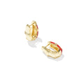 The back view of a pair of Kendra Scott gold huggie hoop earrings with curved red enamel inlays.