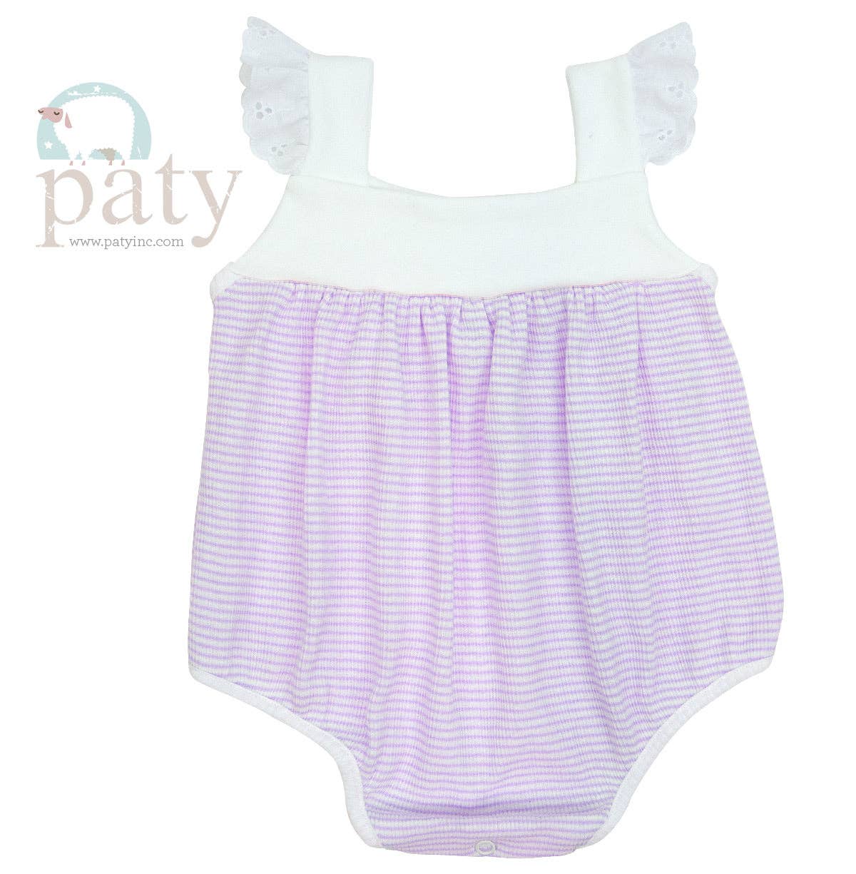 Baby romper with white top and purple striped skirt on a white background, featuring the brand 'Paty'.