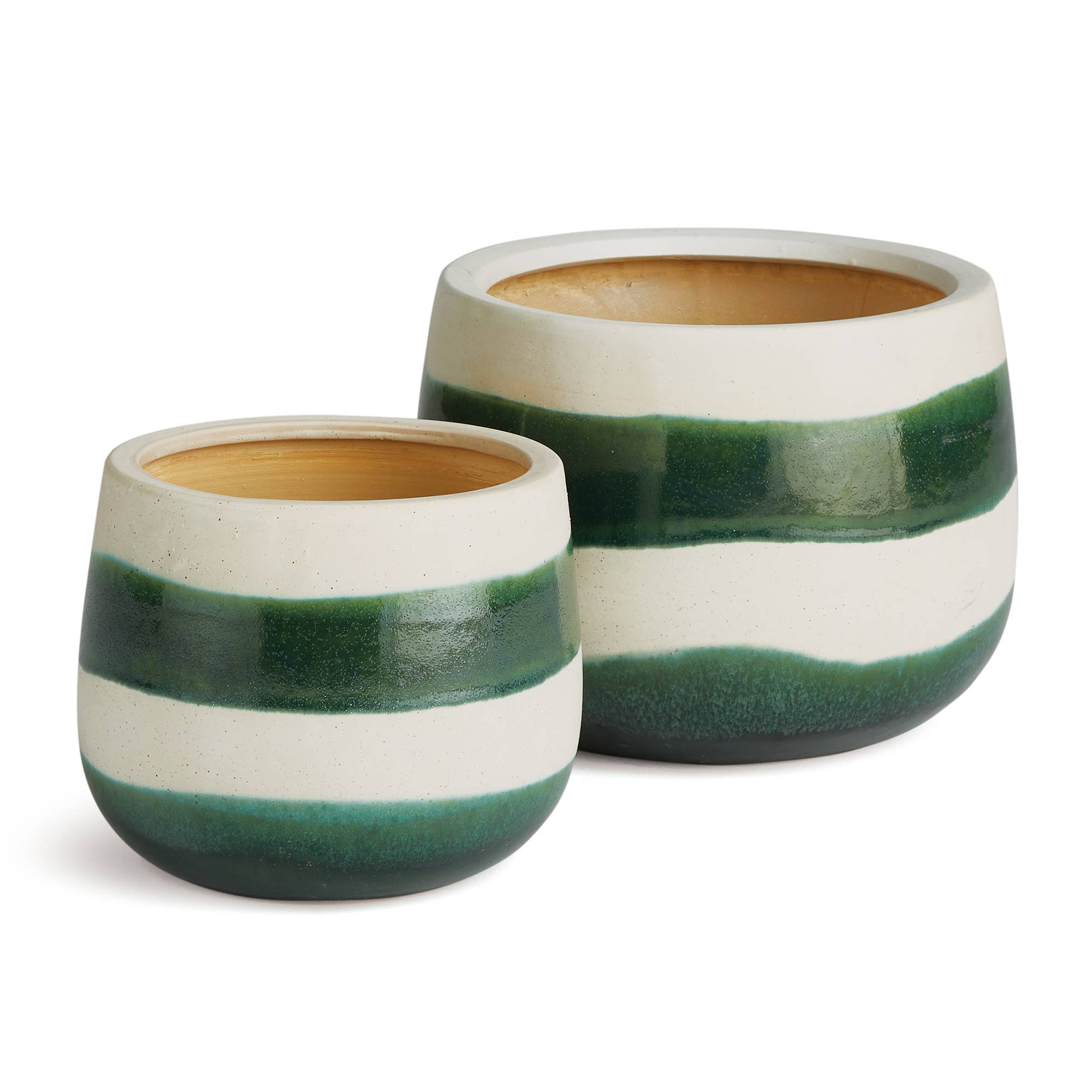 Two ceramic planters with green and white stripes on a white background