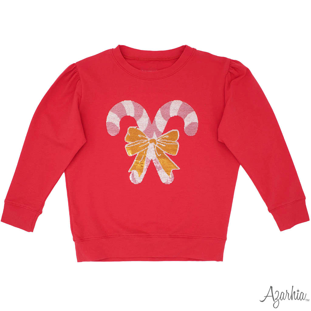 Holly Red Sweatshirt with Pink Sequin Candy Canes