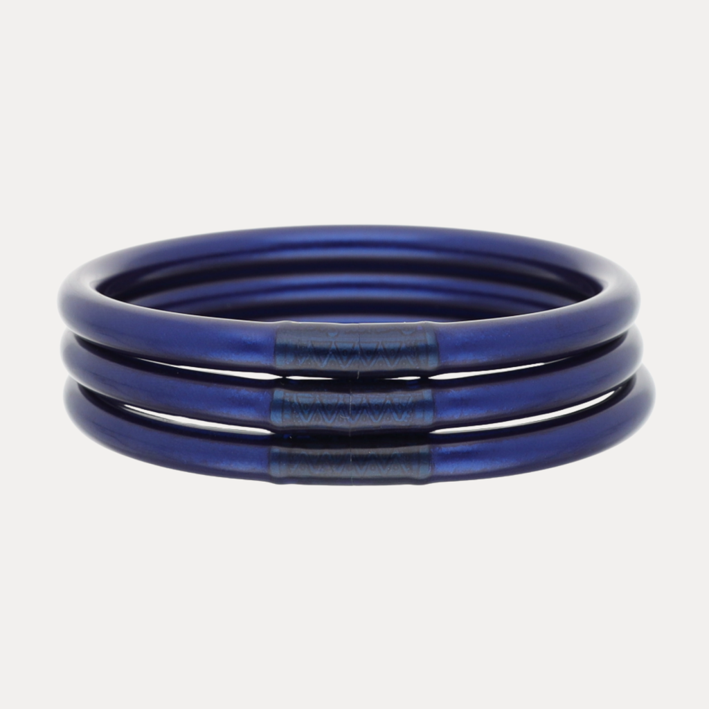Midnight All Weather Bangles® (Set of 3) - Serenity Prayer, navy bangle bracelets with metallic accents.