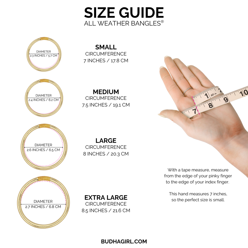 Size guide for Midnight All Weather Bangles® (Set of 3) - Serenity Prayer displaying measurements for each size option.