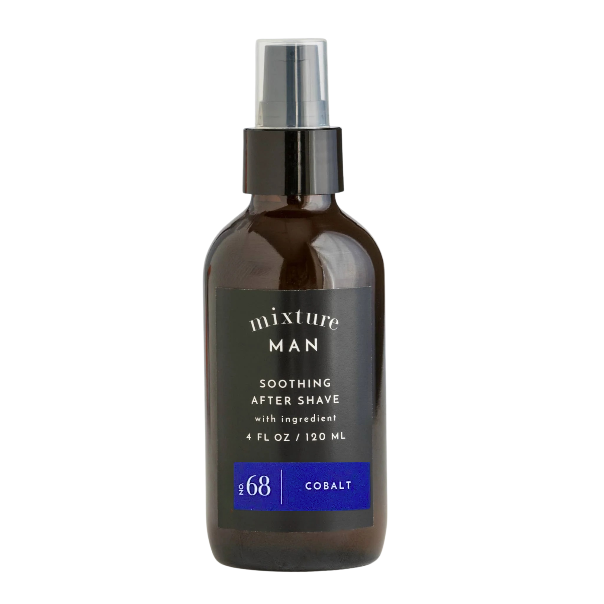 Bottle of Mixture MAN soothing after shave with cobalt scent on a white background in Cobalt Scent