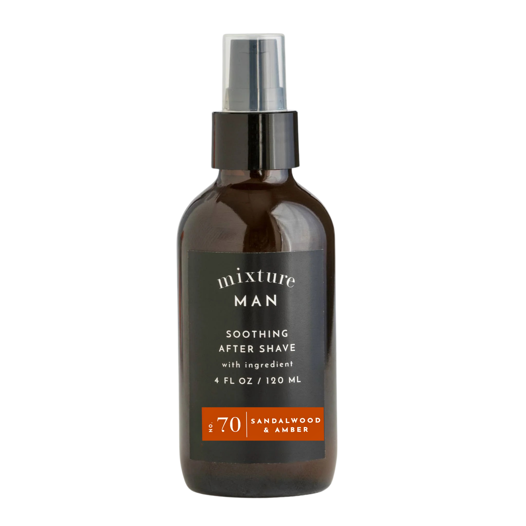 Bottle of Mixture MAN soothing after shave with cobalt scent on a white background in Sandalwood and Amber Scent