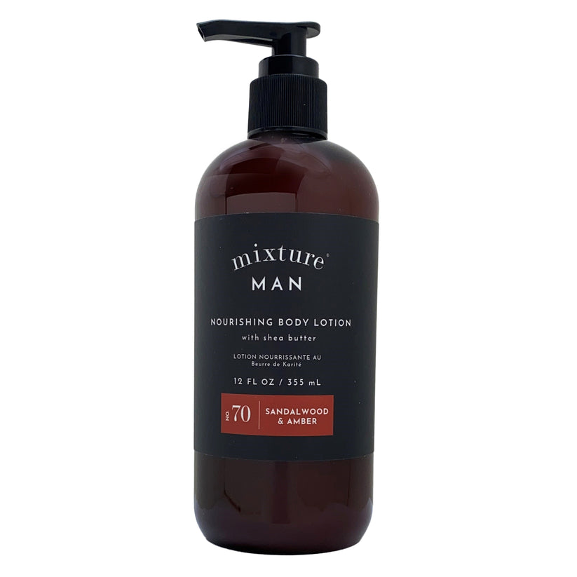 Bottle of Mixture MAN nourishing body lotion with sandalwood and amber scent on a white background