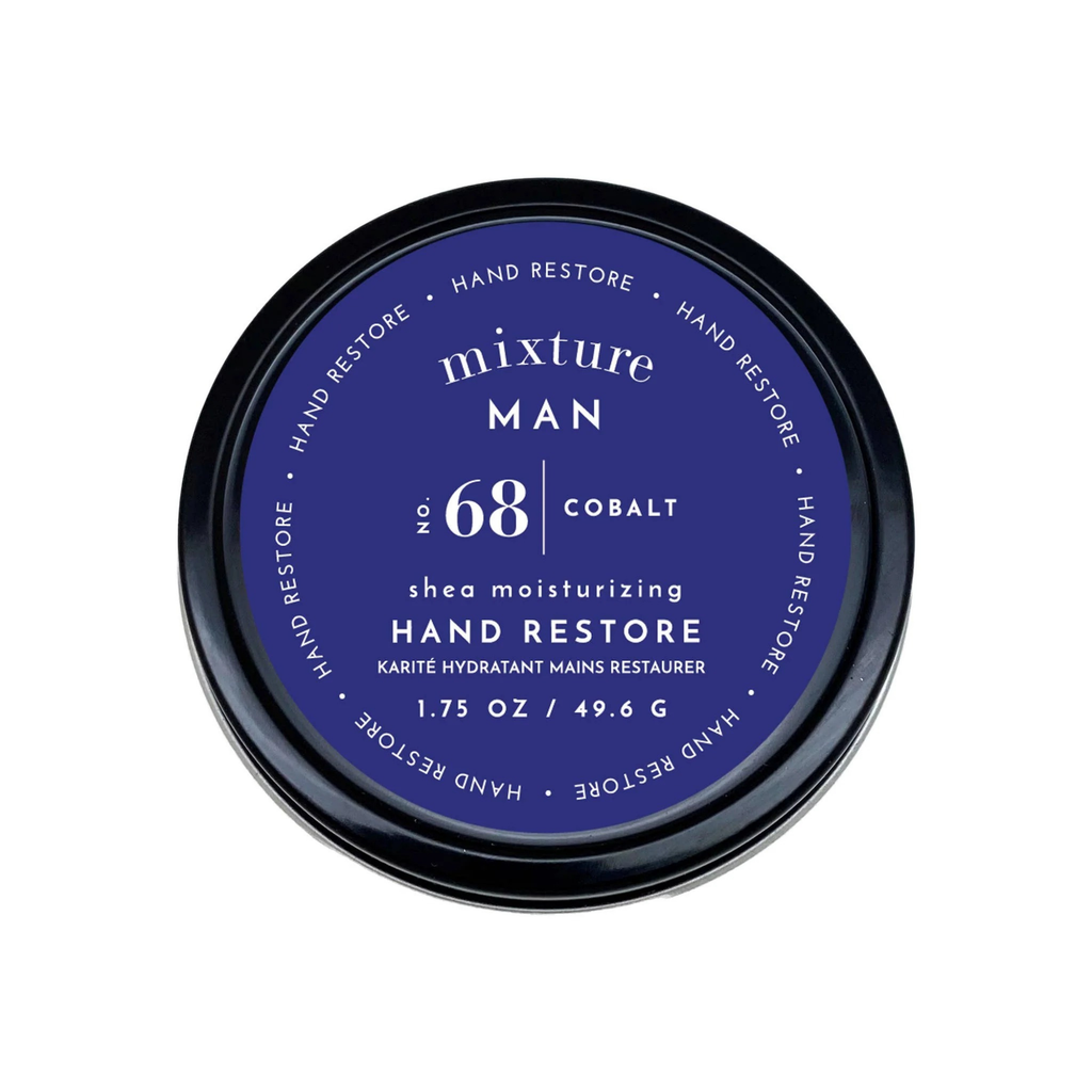 Hand restore product by Mixture Man with blue label on white background