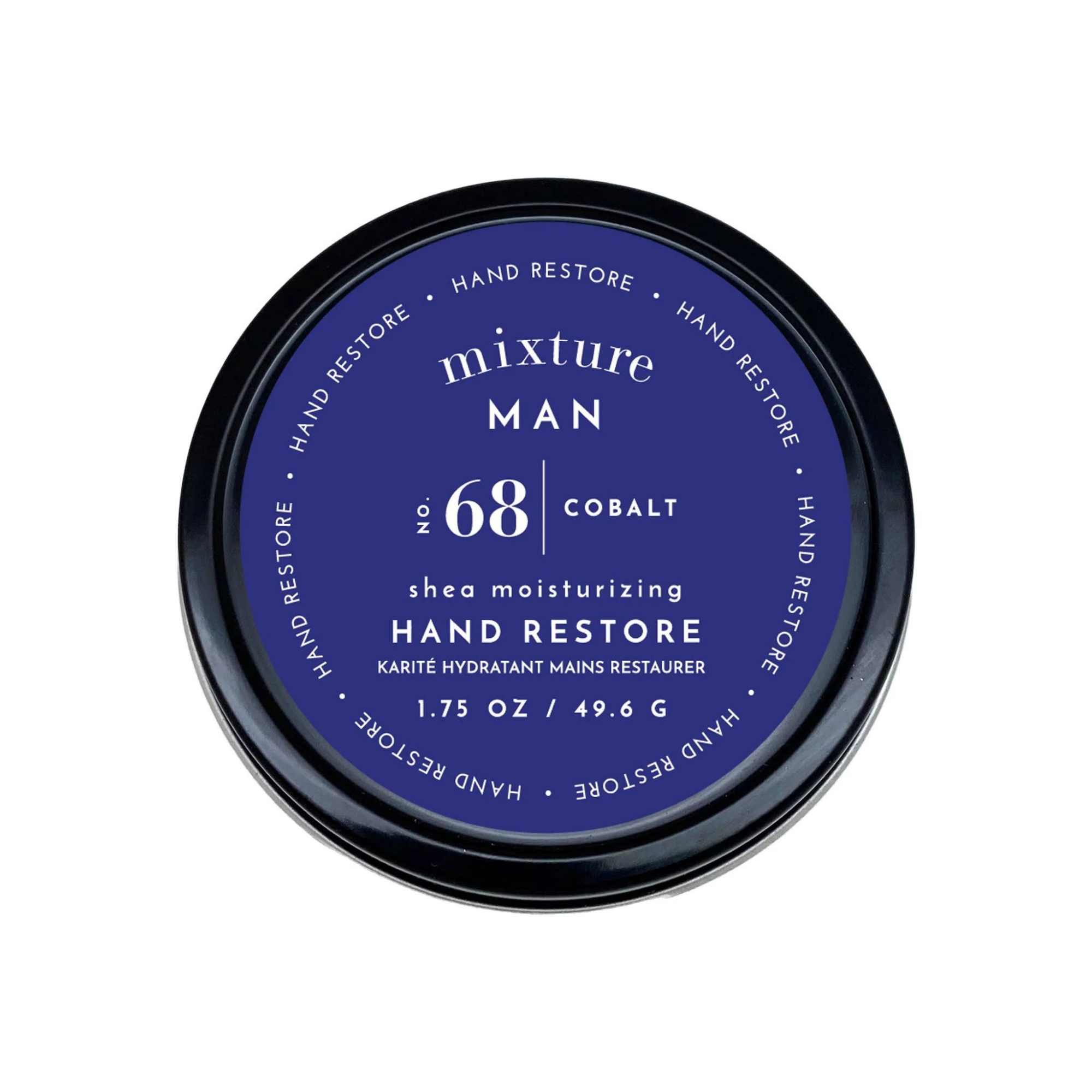 Hand restore product by Mixture Man with blue label on white background