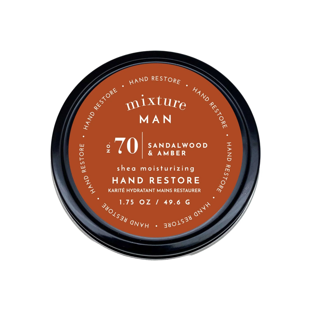 Hand restore product by Mixture Man with sandalwood and amber scent on a white background