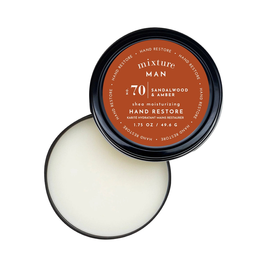 Hand restore balm with sandalwood and amber scent on a white background