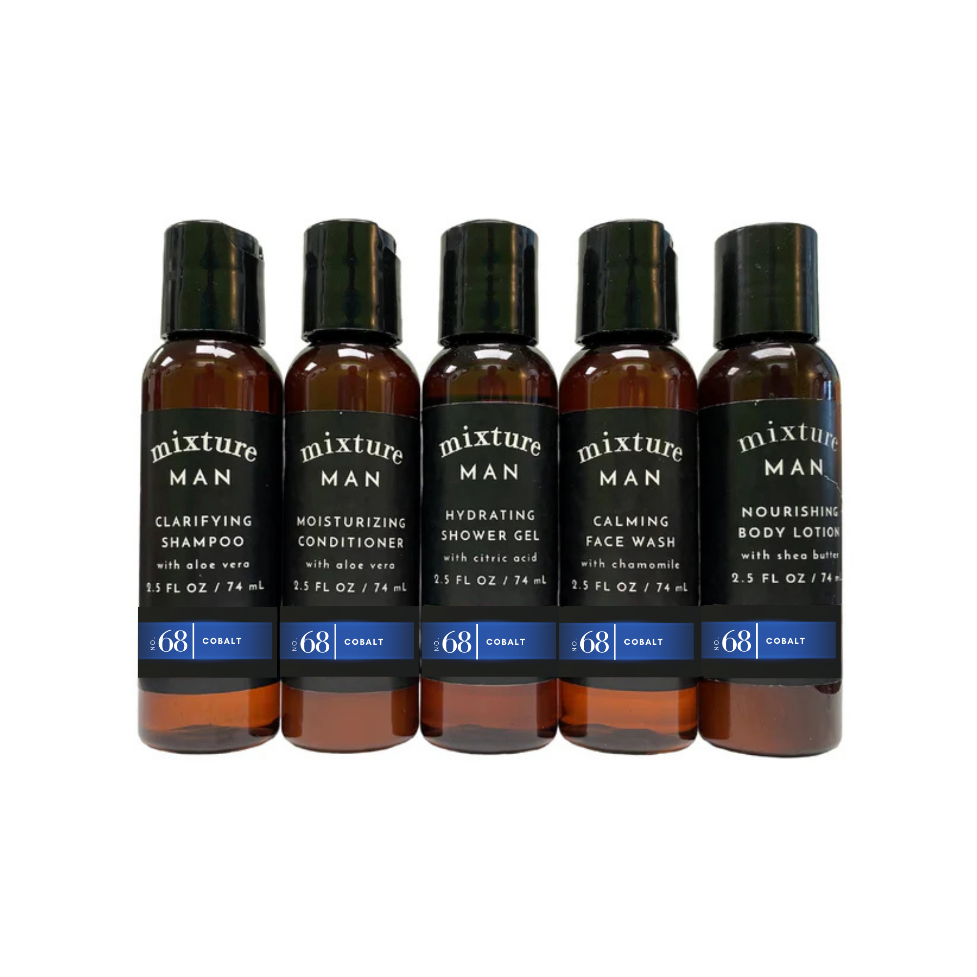Five bottles of Mixture Man skincare products on a white background