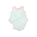 Paty Knit romper with mint pattern and pink trim on a white background