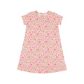 A short-sleeved floral dress in pink, orange, and green on a white background with a small girl's neckline detail.