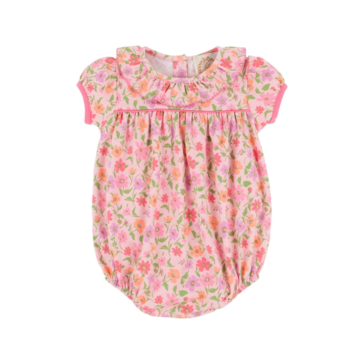 A pink floral baby bubble romper with ruffle collar and cap sleeves.