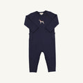 A navy-colored romper for little boys with a button detail on the pockets and a button-up neckline.
