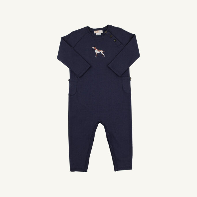 A navy-colored romper for little boys with a button detail on the pockets and a button-up neckline.