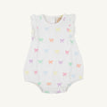 The Beaufort Bonnet Company White baby romper with colorful bow pattern on a white background