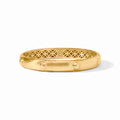Gold bracelet with intricate design on a white background