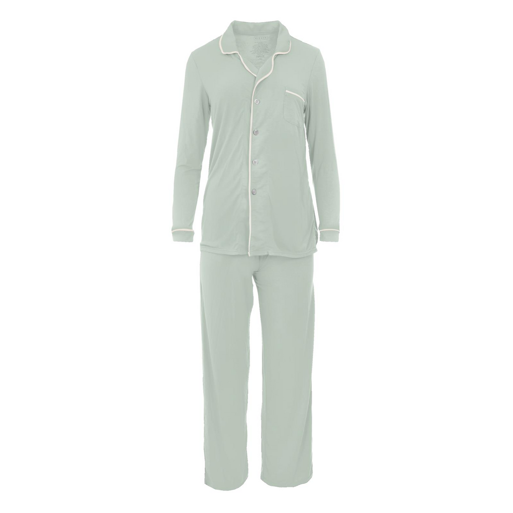 Kickee Pants Women's Long Sleeve Collared Pajama Set Aloe with Natural