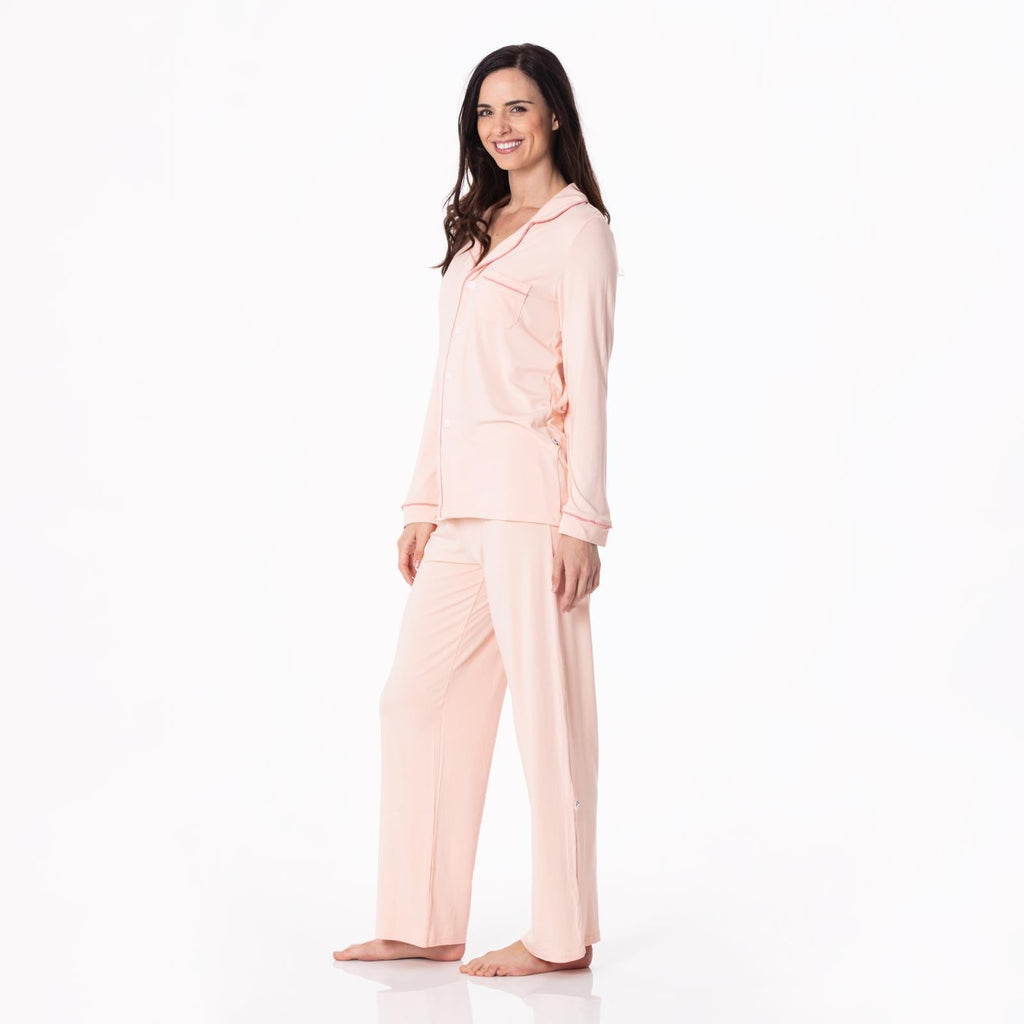 Kickee Pants Women's Long Sleeve Collared Pajama Set in Desert Rose