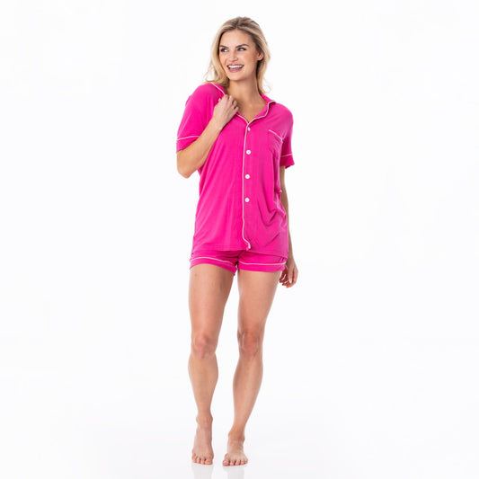 Women's Short Sleeve Collared Pajama Set with Shorts