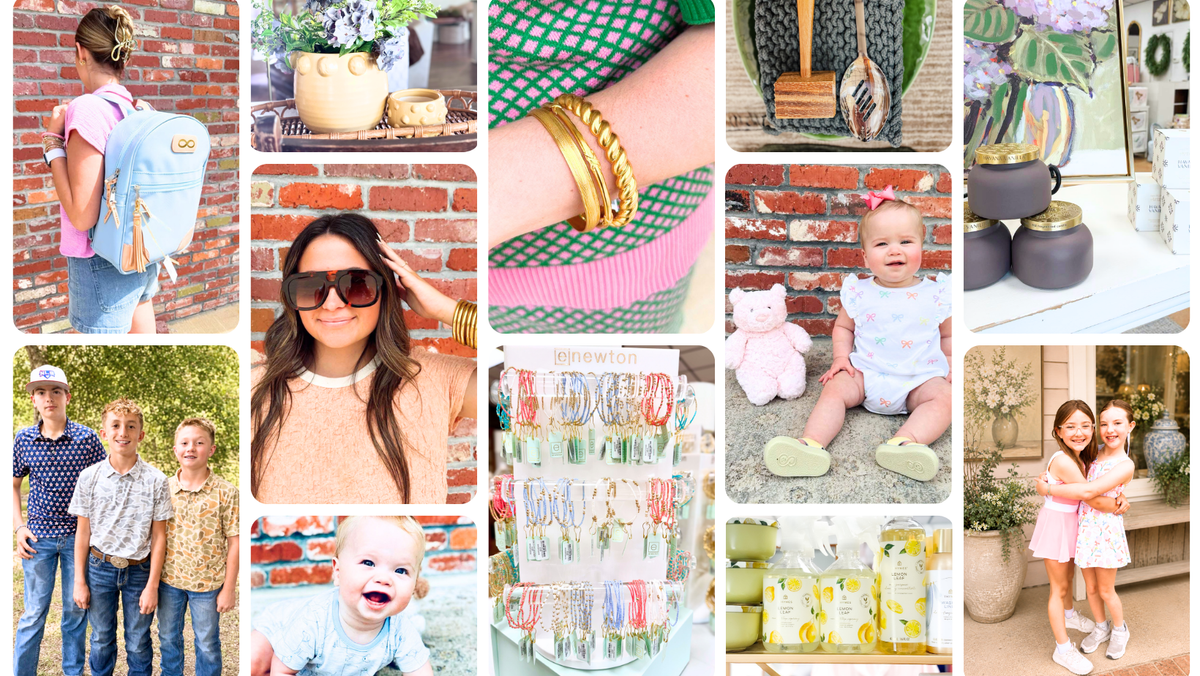 A 12-panel collage showing various lifestyle scenes, including a baby wearing a light blue backpack, a woman wearing gold bangles, a baby sitting with a pink teddy bear, and several other family and home-themed photos.