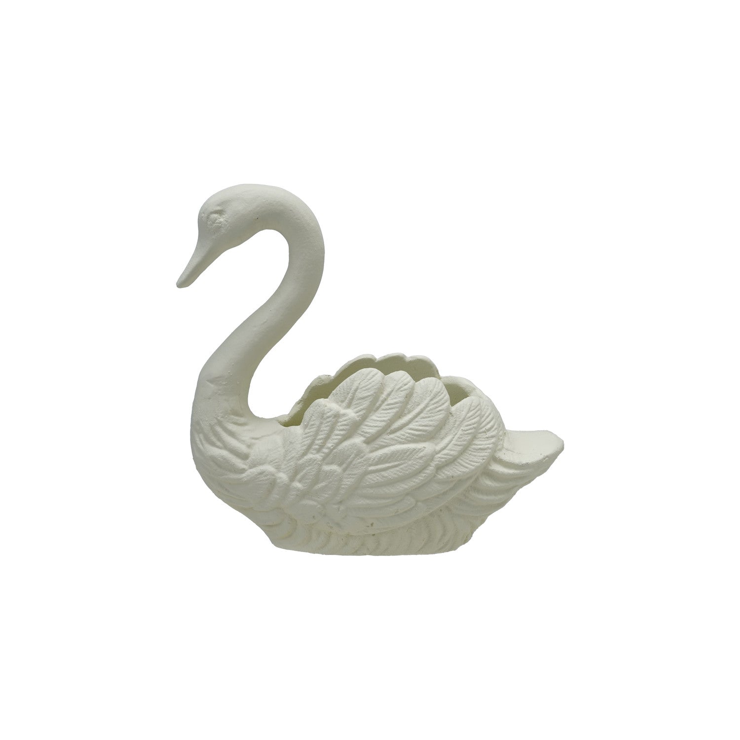 White swan-shaped planter on a white background