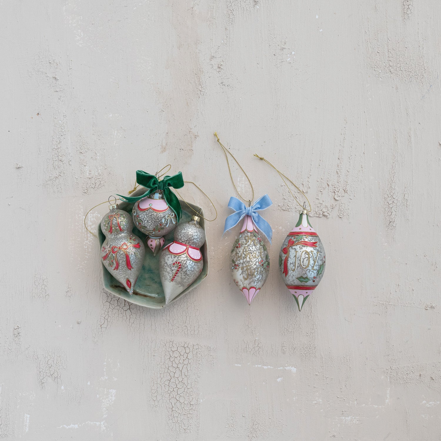 Hand-Painted Glass Ornaments with Design/Velvet Bow, 4 Styles ©
