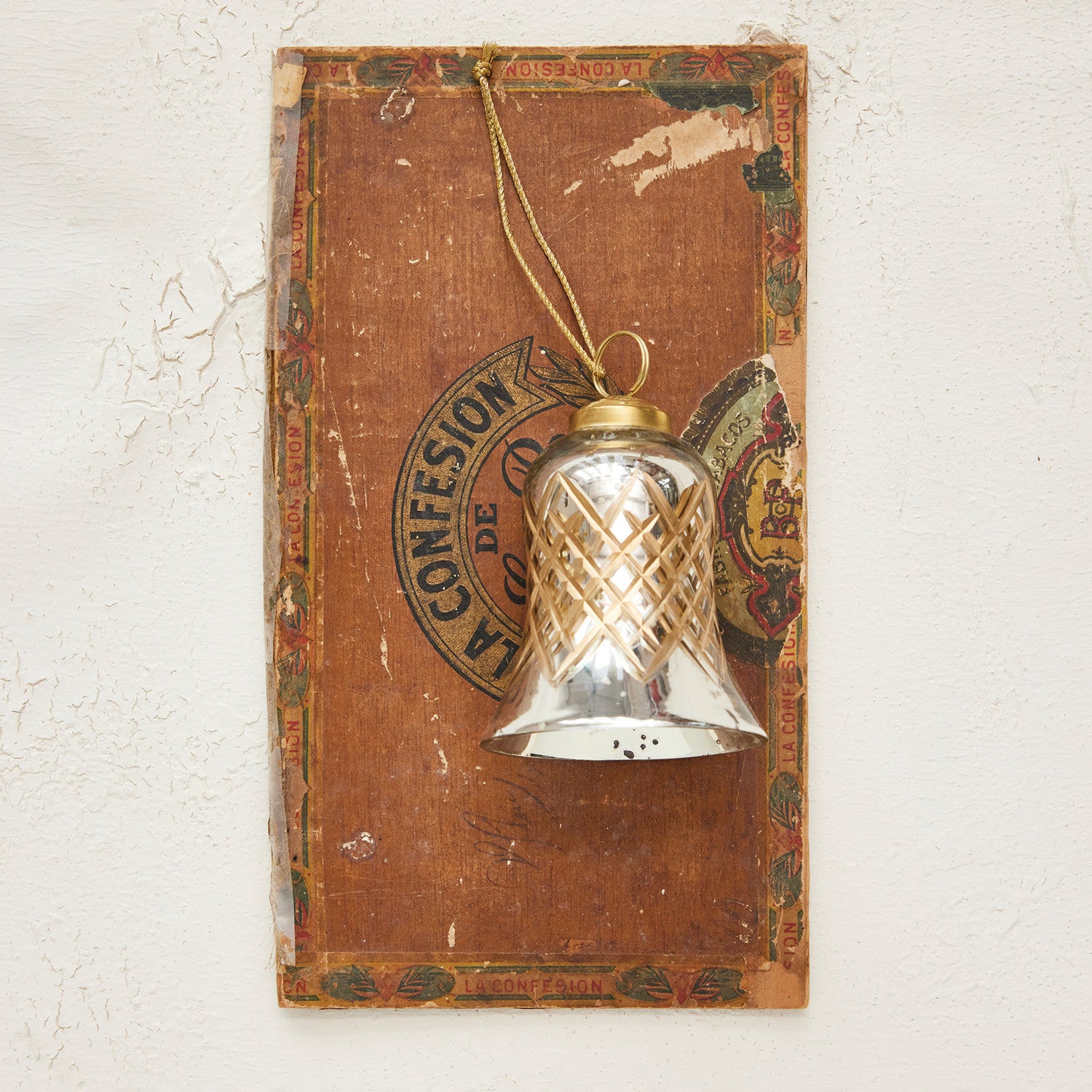 Hand-Painted Cut Mercury Glass Bell Ornament with Diamond Pattern