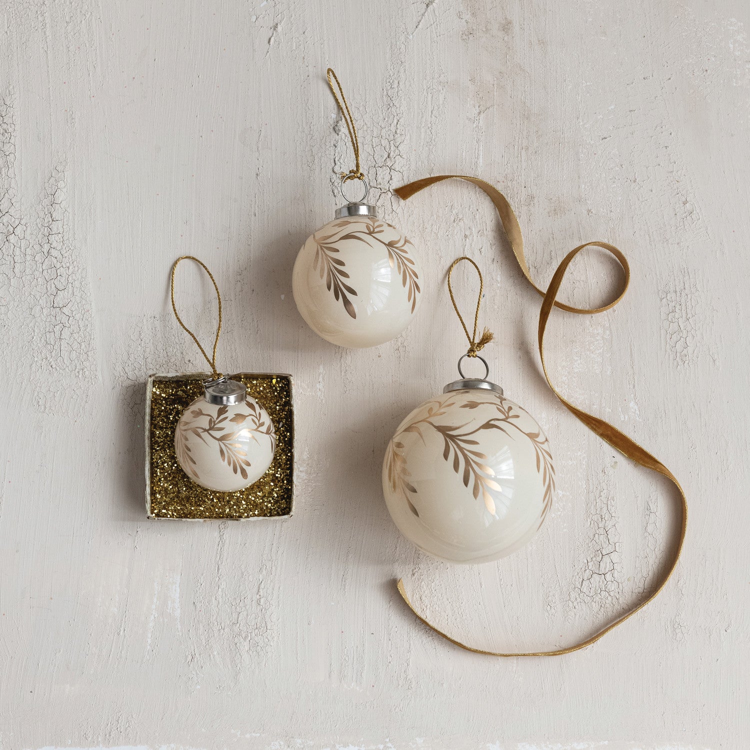 Hand-Painted Etched Glass Ball Ornament with Vine Design