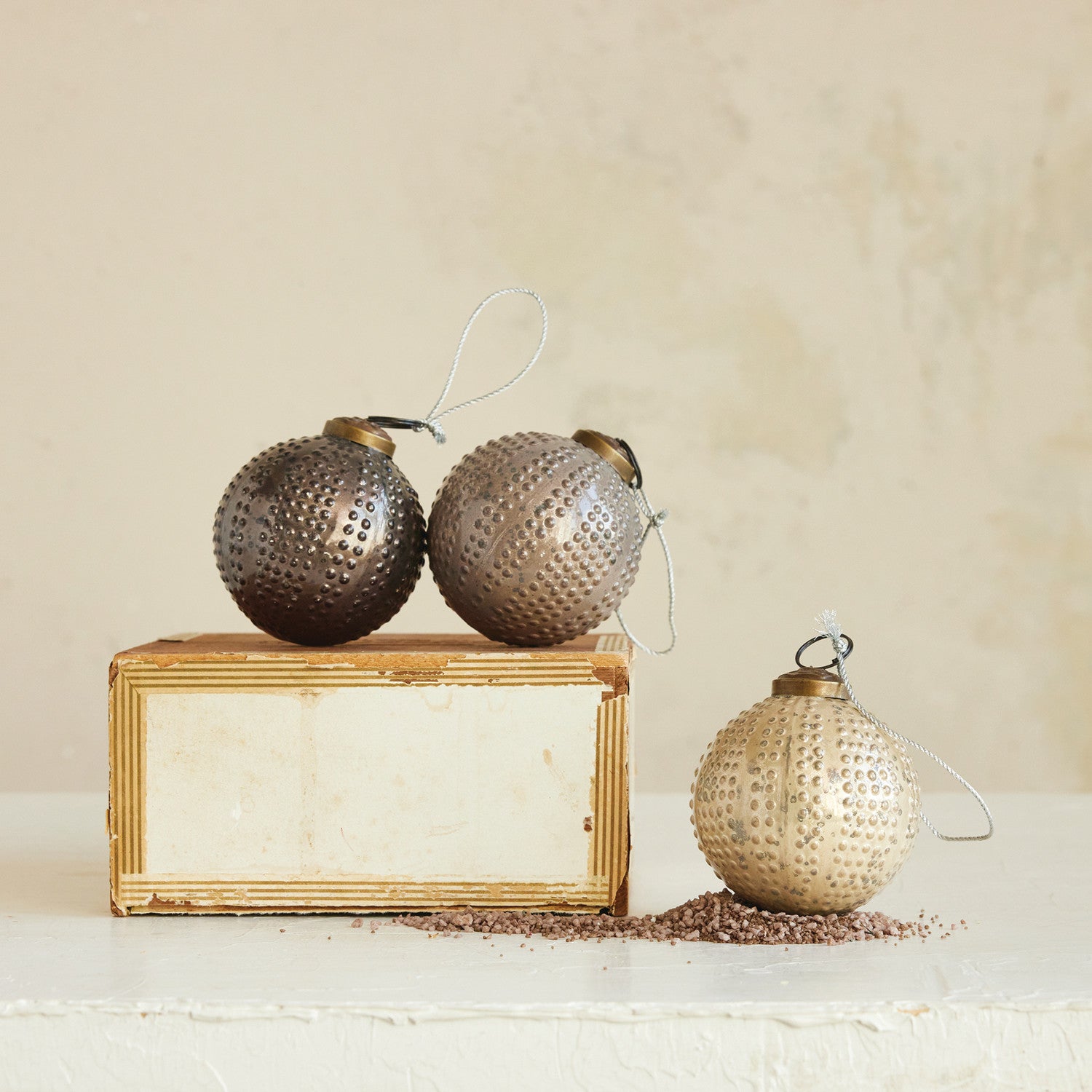 Round Glass Hobnail Ball Ornament, Distressed Finish, 3 Colors